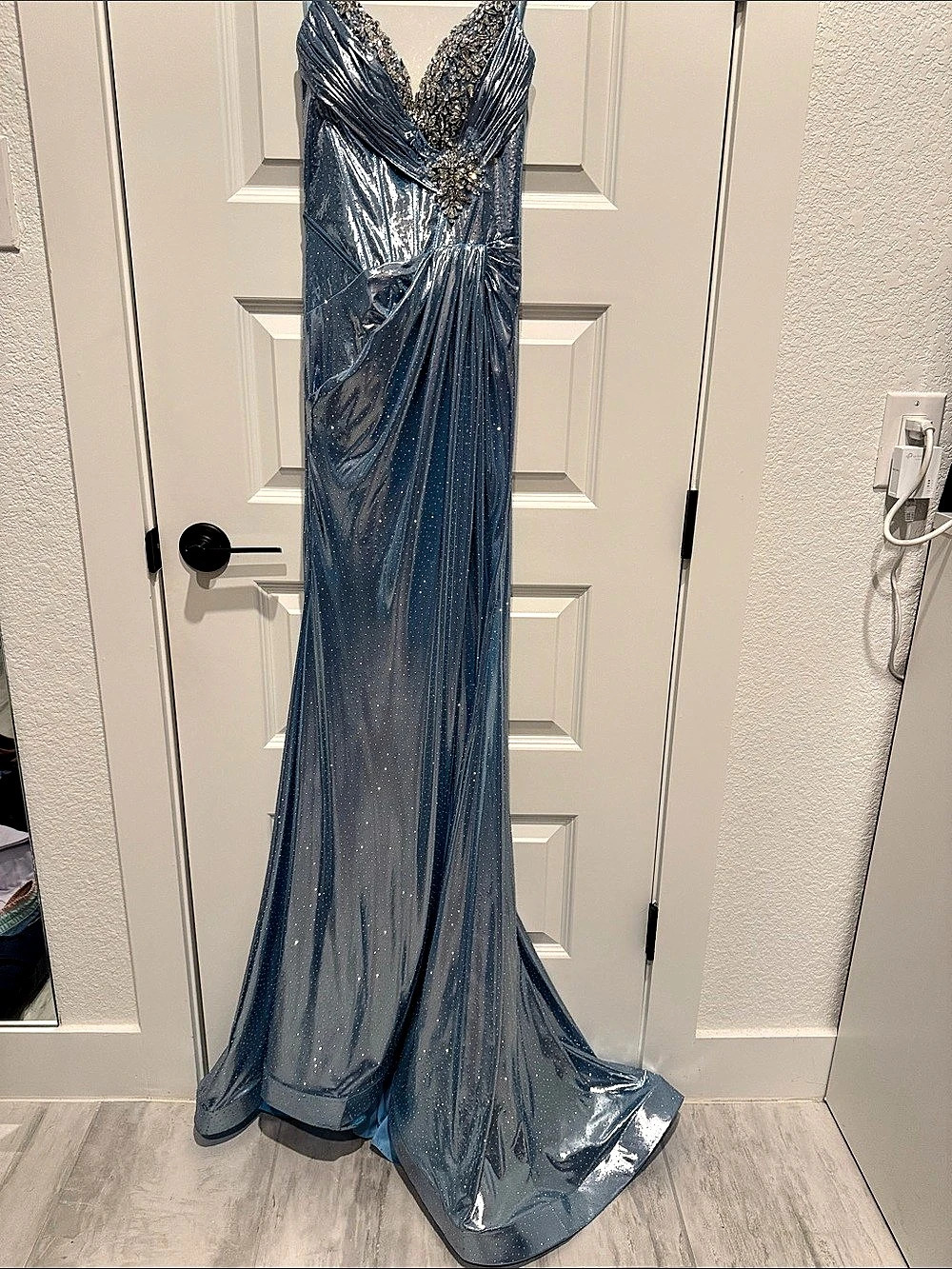 Beaded Draped Maxi Dress in Blue Like New, formal or prom dress!